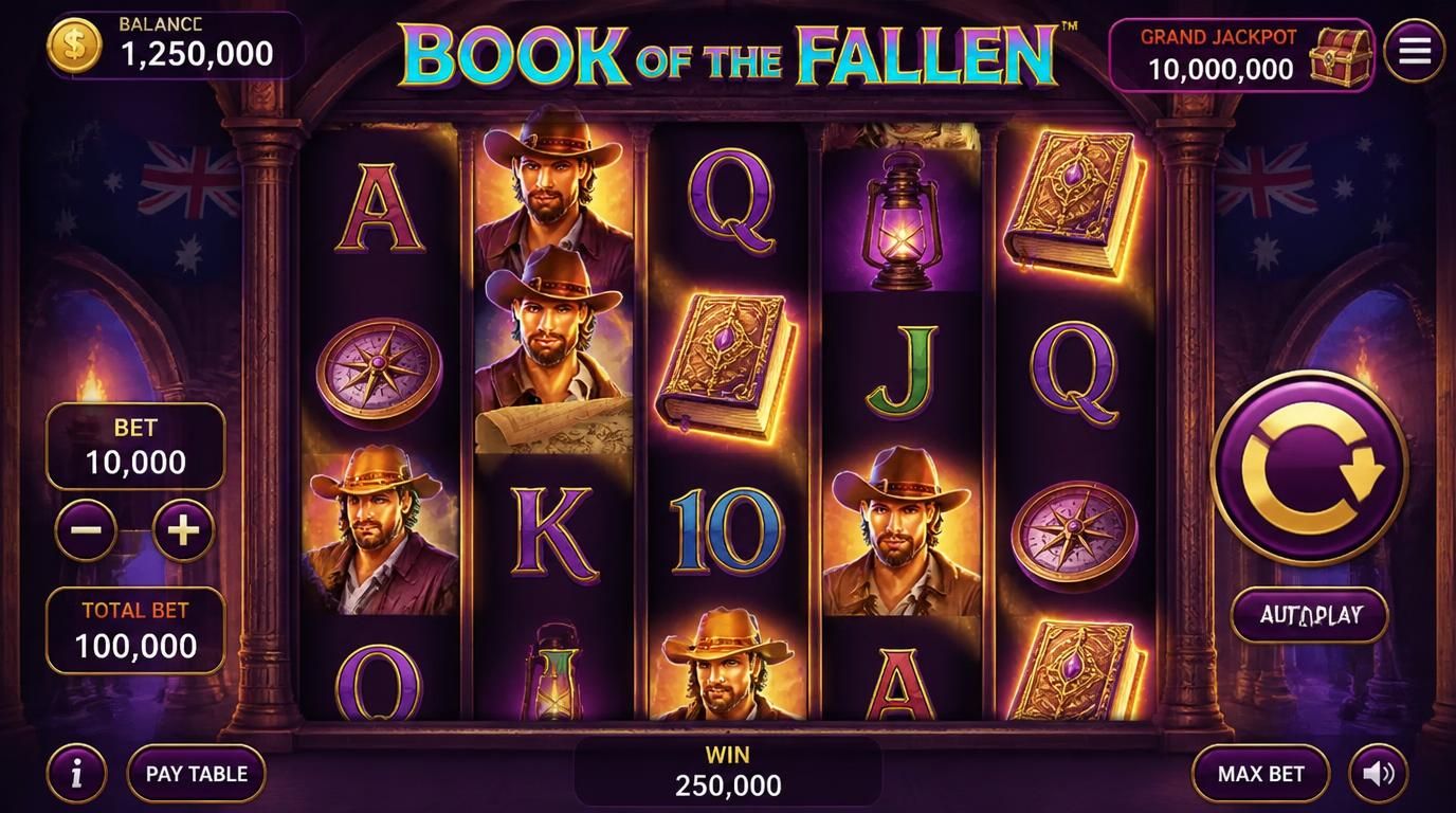 A gothic-themed casino slot interface with ancient book symbols, virtual credits display, Australian visual elements