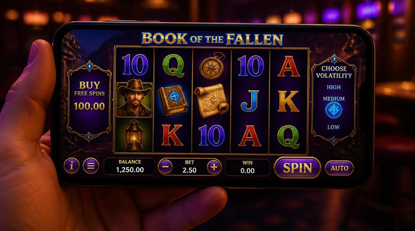 A phone displaying Book Of The Fallen slot screen with reels, dark background and gold accents, controls at bottom